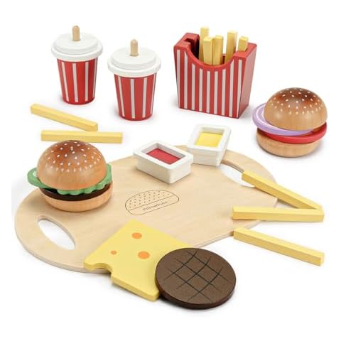 Pillowhale Wooden Play Food Toy for Kids Pretend Play Kitchen Accessories for Toddlers Wooden Play Fast Food Hamburger Set Educational Toys Gift for Boys Girls Cover