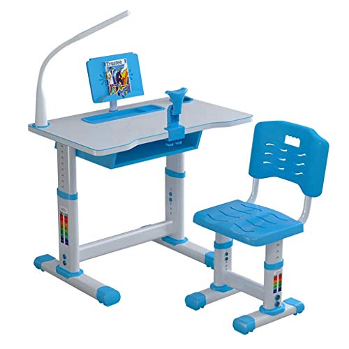 Height Adjustable Kids Desk and Chair Set, 27inch Children Study Desk Table & Chair Drawing Set Bookstand with Storage Drawer Pen Container, School and Home Kids Study Desk (27IN-Blue)