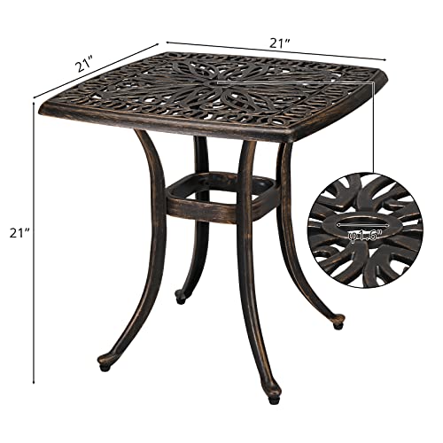 VINGLI 21” Cast Aluminum Outdoor Side Table with 1.6” Umbrella Hole, All Weather Square Patio Coffee Table Porch Table Bistro Table End Table Bronze - Image 4