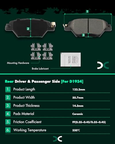 Image of SCITOO D1934-9157 Disc Brake Pads Sets Rear Ceramic Brake Pads w /Hardware | 2016-2023 For Mazda For CX-9 2.5L