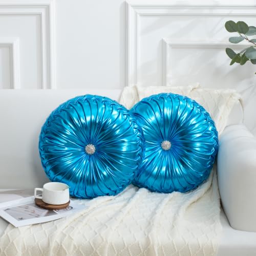 Image of HIG Set of 2 Blue Metallic Leather Decorative Round Pleated Throw Pillows