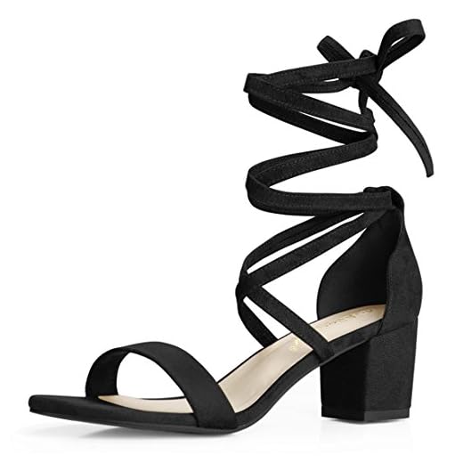 Allegra K Women Open Toe Lace Up Mid Chunky Heeled Sandals (Size US 9) Black-faux Suede