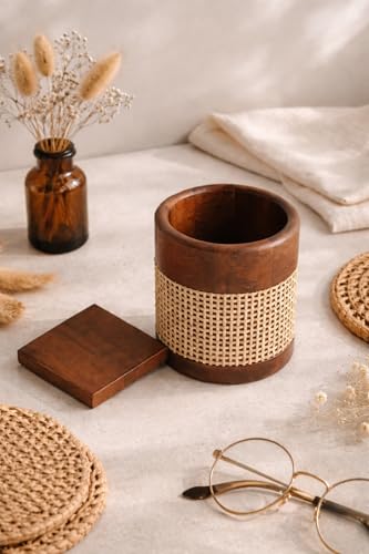 Image of Wooden Cutlery Holder for Kitchen Counter (Round Cutlery) | Vervique Emporium Wooden Cutlery Holder with Removable Compartments