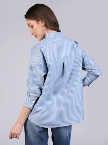 Image of Urbano Fashion Women's Cotton Full Sleeve Oversized Fit Casual Striped Shirt with Spread Collar