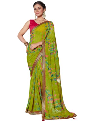 Image of SIRIL Women's Printed Chiffon Saree with Unstitched Blouse Piece
