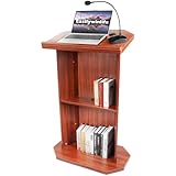 49IN Wooden Podium with Large 2-Tier Shelve and Reserved Wire Hole, Wood Lectern Stand with Reading Platform, Pulpits Stand Church Pulpit for Conference, Office, School, Restaurant