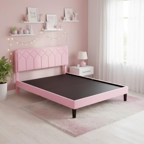 Image of APRODZ Queen Size Bed | Upholstered Platform Bed Frame with Velvet Tufted Headboard & Wooden Slat Support | Bed Queen Size Without Storage | No Box Spring Required | Black Wooden Legs Pink Fabric