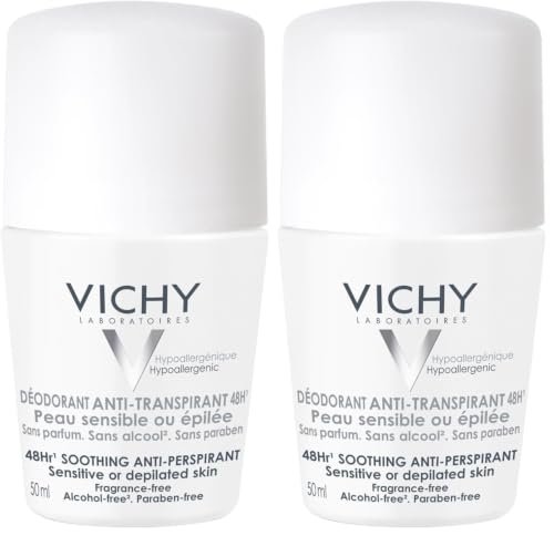 Vichy, Déodorant Anti-Transpirant 48H, Roll-On, Protège et Régule, Sans Alcool, Sans Parfum, Pour Peaux Sensibles, 50 ml (Lot de 2)