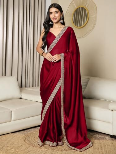 Image of AKHILAM Women's Satin Solid Ready To Wear one Minute Saree with Unstitched Blouse Piece