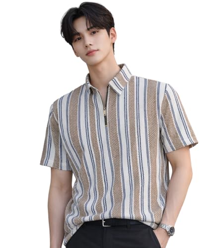 Image of London Hills Men's Loose Fit Half Sleeve Vertical Striped Polo T-Shirt with Zip Collar | Premium Polyester Fabric | T Shirt for Man | Tshirt | Shirts Men | Tshirt for Man | Men T-Shirts