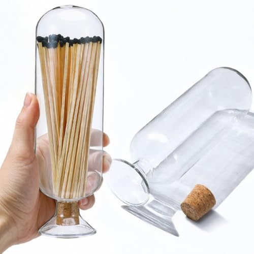 Extra Tall 11' Decorative Glass Matches Cloche Decorative Match Holder Jar for Candle Matches Trendy Fireplace Display Decor, Sticks Not Included