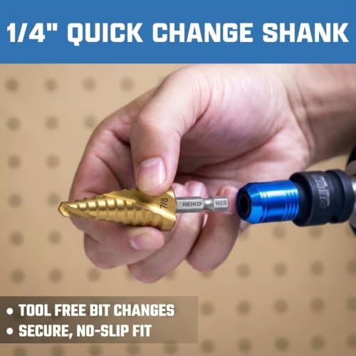 Image of NEIKO 10621A Step Drill Bit, 1 Step 7 /8 inch Spiral High Speed Steel, Titanium Nitride Coated, 1 /4 inch Quick Change Step Bits for Steel, Metal, Wood, Plastic, Unibit Cone Drill Bits, Two Flute