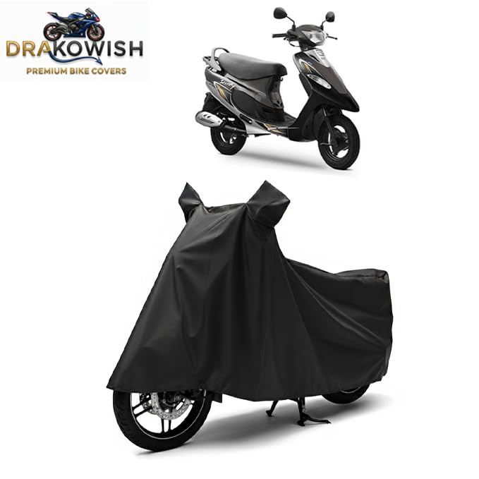 Image of DRAKOWISH Waterproof Scooty Cover for Tvs Pep Plus All Weather Protection from Rain, Dust, UV Rays & Scratches with Mirror Pockets & Buckle Belt