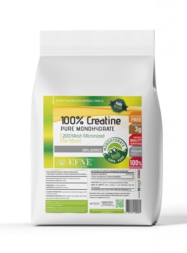 EFNE | Creatina 100% Monohidrato 200 Mesh Micronized | 1kg en Polvo | 100% Pureza y abosrción |Aumenta Resistencia | Aumenta Fuerza | Sabor Neutro | Vegano | Fabricada sin mezclas
