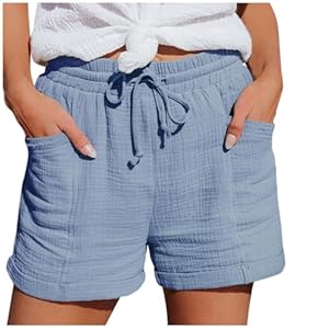 Shorts Damen 2025 Sommer Leinen Musselin Kurze Hose Beach Mit Taschen Mode Lässige Stoffhose Freizeit Stretch Gerades Bein Kordelzug Leinenhose