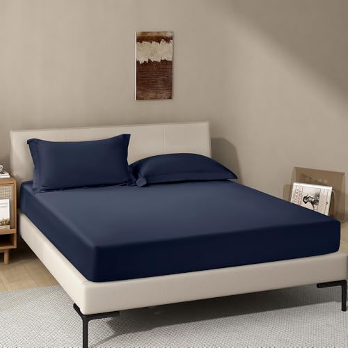 Image of Navy Fitted Sheet,Queen Size Fitted Sheet with Deep Pocket 18 inch,Ultra Soft & Breathable FittedSheet Easily Fits 18 inch to 24 inch Mattress