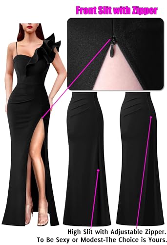 Image of VFSHOW Womens Ruffle One Shoulder Strap Ruched Formal Prom Wedding Maxi Dress V Neck Elegant Split Cocktail Evening Long Gown
