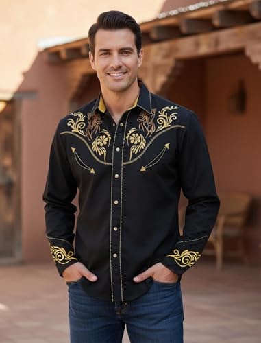 Men's Western Cowboy Shirt Embroidered Exquisite Long Sleeve Regular Fit Snap Button Down Shirts2