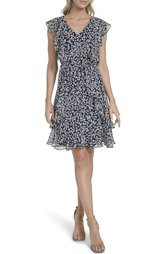 Image of Tommy Hilfiger Women's Sleeveless V-Neck Ruffle Trim Tie Waist Chiffon Mini Dress