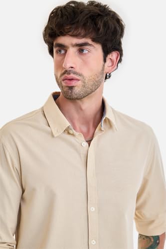 Image of SNITCH Men Smart Casual Shirt | Regular Fit Full Sleeve Button-Down Collar Solid Style | Breathable Cotton Linen Blend & Lightweight Fabric for Office