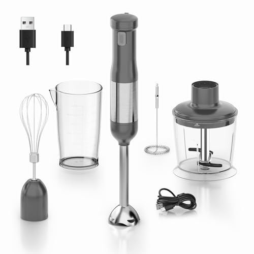 Whuto Cordless immersion blender handheld, 5-in-1 Variable Speed Hand Blender, Rechargeable with 2000mAh Battery and Accessories:700ml Beaker, Chopper, Whisk & Milk Frother, Grey - image 1