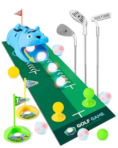Kizmyee Ensemble de Mini Golf pour Enfants avec Recyclage Automatique de la Balle, Jeux Exterieur et Intérieur de Golf avec Balles Lumineuses LED, 3 Clubs...