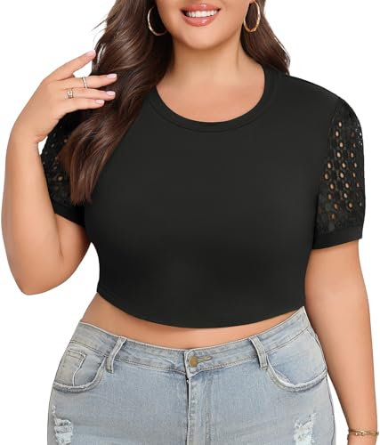 Lastshe Plus Size Crop Tops for Women Lace Short Sleeve Basic Workout Tshirts Summer Spring Gym Cute...