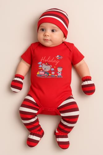 Image of EIO Newborn Baby Cotton Romper Set - Onesie Bodysuit, Cap, Pants & Booties with Mittens | Unisex Baby Clothing Combo for Boys & Girls