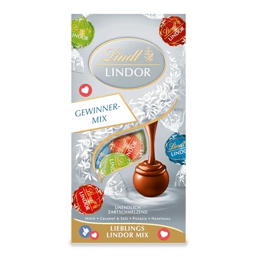 Lindt Schokolade | LINDOR Beutel Gewinner-Mix | 137g | 10 Kugeln in Vollmilch-Schokolade mit zartschmelzender Füllung in den beliebtesten Sorten | Schokoladen-Geschenk