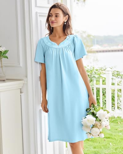 Image of Ekouaer Moo Moos for Women House Dress With Pockets Cotton Nightgowns Short Sleeve Night gowns Embroidered Mumu Dress