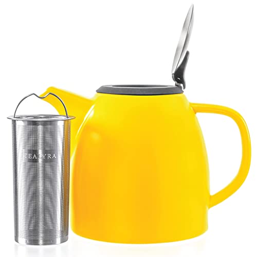 Tealyra - Drago Ceramic Teapot Yellow - 37-ounce (4-6 cups) - Large Stylish Teapot with Stainless Steel Lid - Extra-Fine Infuser To Brew Loose Leaf Tea - Leed-Free - 1100ml