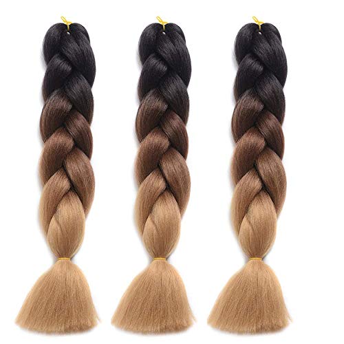 Seyada 3 Pcs /300g 24'' Braiding Hair Extensions Two Ombre Braiding Hair Synthetic Braid Hair Extensions (Black-Dark brown-Light brown)