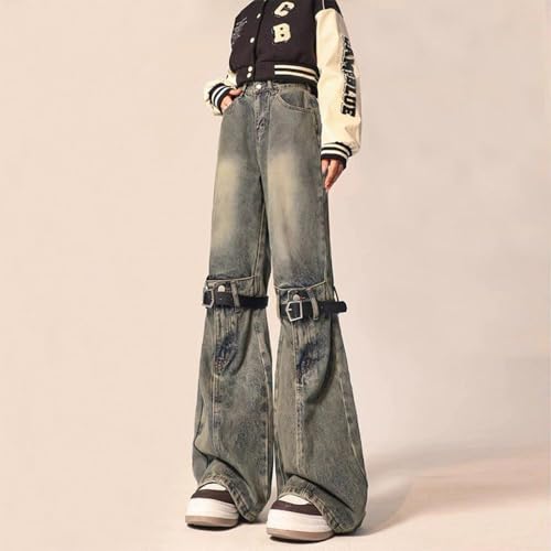 Washed Yellow mud Jeans, American Retro Y2K Style Pants, Goth Wide Leg Denim Micro Flared Pants Trend2