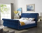 Roundhill Furniture Evora Velvet Upholstered Button Tufted, Queen, Blue