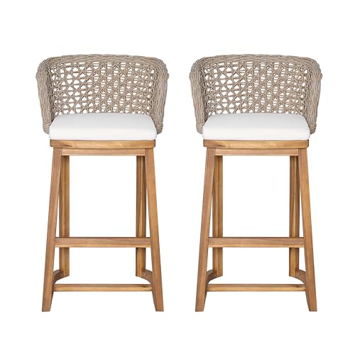 Juego de 4 taburetes de bar para exteriores Christopher Knight Home, con estructura de madera de acacia acabado teca, respaldo de mimbre color marrón claro y cojín beige, altura barra, para isla de cocina o patio miniatura 5