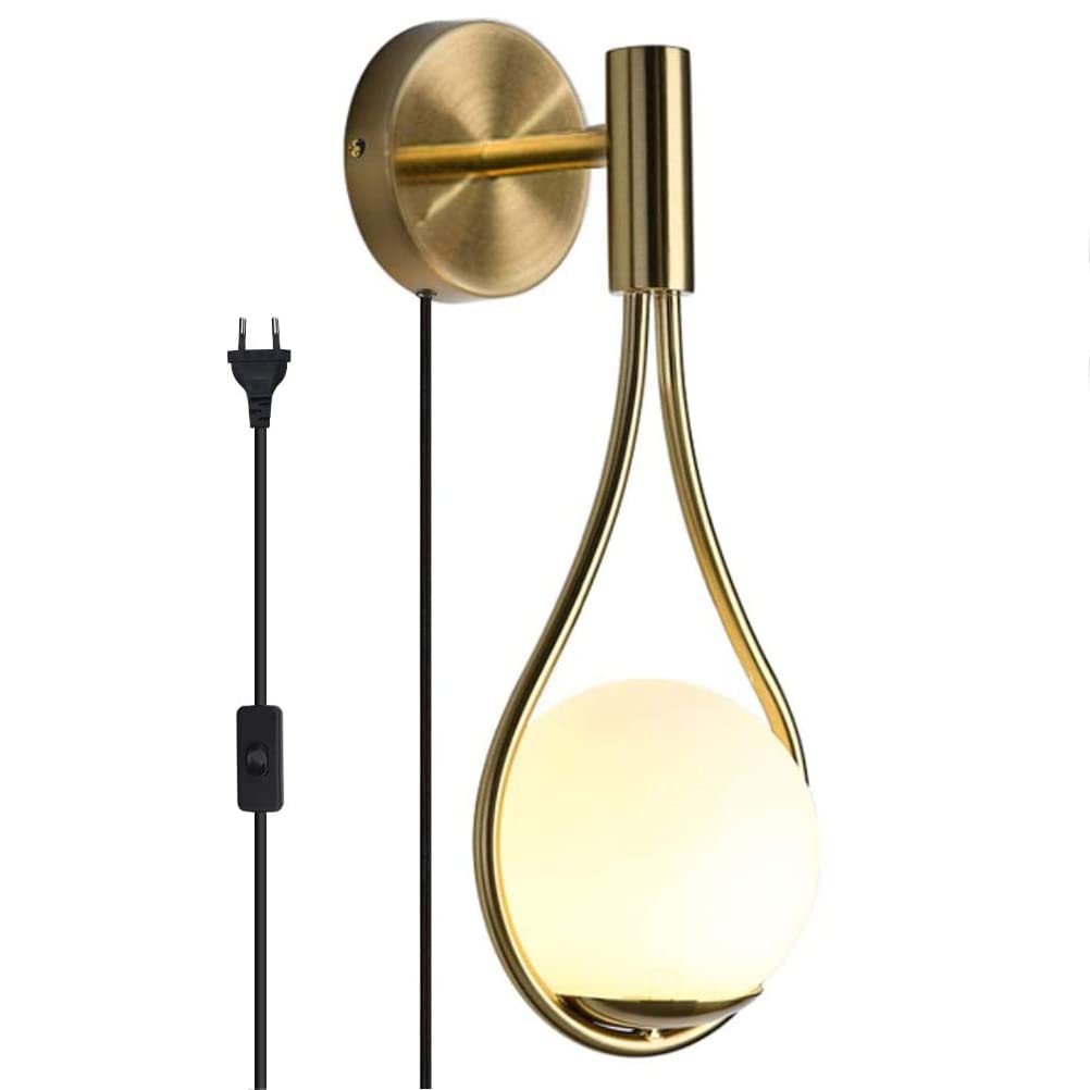 Kinkiet retro z włącznikiem i wtyczką Lampka nocna E27 Antyczna metalowa lampa ścienna Mosiężny wygląd Vintage Industrial Oświetlenie wewnętrzne Ścienne Kulisty klosz Szklany Złoty