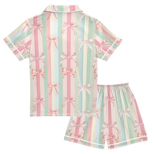 Pink Bows Stripes Pajamas Set Summer Button Down Sleepwear Pjs Sets Comfy Loungewear2