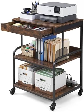 3 Tier Printer Stand with Drawer, Large Printer Table Adjustable ...