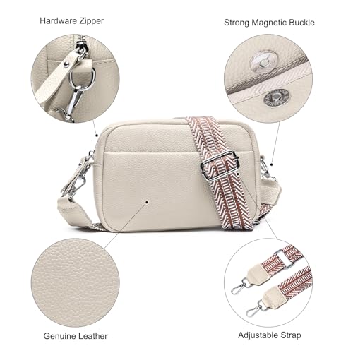 Image of Small Crossbody Bags for Women Genuine Leather, Guitar Strap Shoulder Handbag Purse Camera Bag with Rfid Card Slots, Beige
