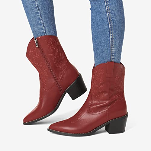Image of DREAM PAIRS Women's Cowboy Boots, Pointed Toe Chunky Heel, Zipper Pull-On Stitched Western Ankle Boots
