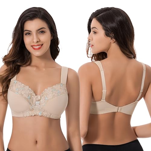Image of Curve Muse Plus Size Minimizer Unlined Wireless Bra with Lace Embroidery-3Pack-Sage,Nude,Blush-34B