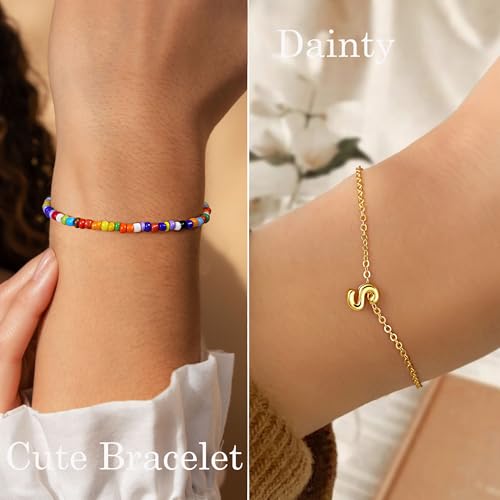 Turandoss Colorful Beaded Initial Bracelets for Girls Women - Dainty 18K Gold Plated Letter Initial A-Z Bracelet Layered Bracelets for Women Teen Girl Gifts Jewelry4