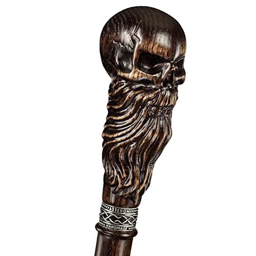Asterom Bearded Skull Head - Handmade Wooden Carved Walking Cane for Men and Women - Unique Steampunk Walking Stick - 36 Inch