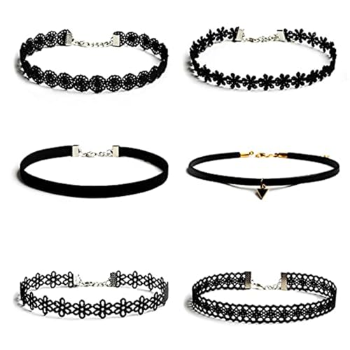 6PCs Black Velvet Choker Necklace Set - Vintage Tattoo Daisy Choker - Classic Gothic Punk Lace - Trendy Sexy For Women
