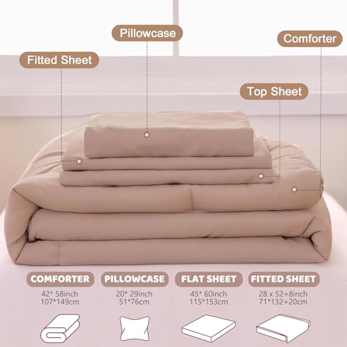 Image of Toddler Bedding Set for Girls, 4 Piece Double Ruffles Soft and Breathable Toddler Bed Sheets with Boho Toddler Comforter, Fitted Sheet, Flat Sheet and Pillowcase, Khaki
