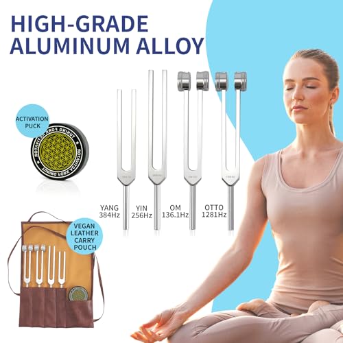 tuning forks for healing set  includes 128hz 136hz 256hz 384hz amp activator portable in red leather pouch  medical grade sound healing instruments for chakra yoga and meditation