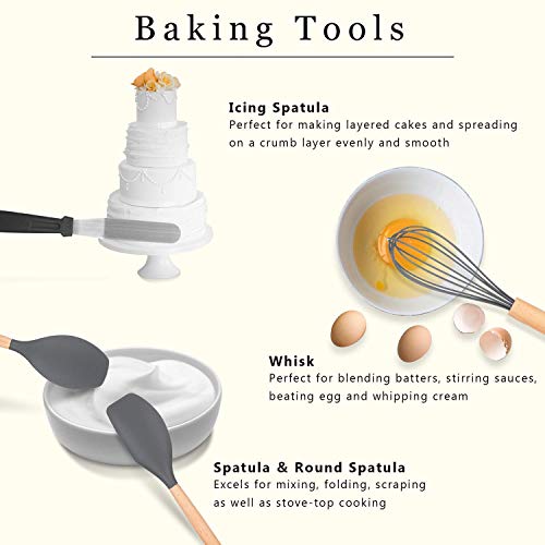NEXGADGET Kitchen Utensil Set 30 Pieces Silicone Natural Wooden Handles Cooking Utensils,Spatula Set,Nonstick Kitchen Gadgets Set,Household Kitchen Appliances,with Holder,Hooks,Scrubber
