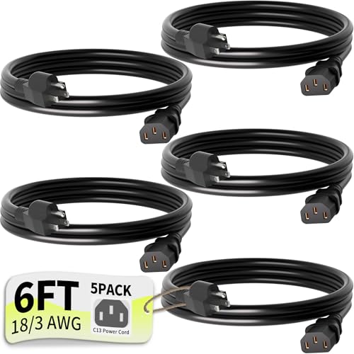 Image of 3 Prong AC Power Cord Cable 6ft 5 Pack 10 Amps 125 Volts 18AWG, NEMA 5-15P to C13, Black PC Power Cable for TV, Computer, Monitor, Printer, PlayStation, HP, Dell, Lenovo, Apple, Asus-ETL Listed