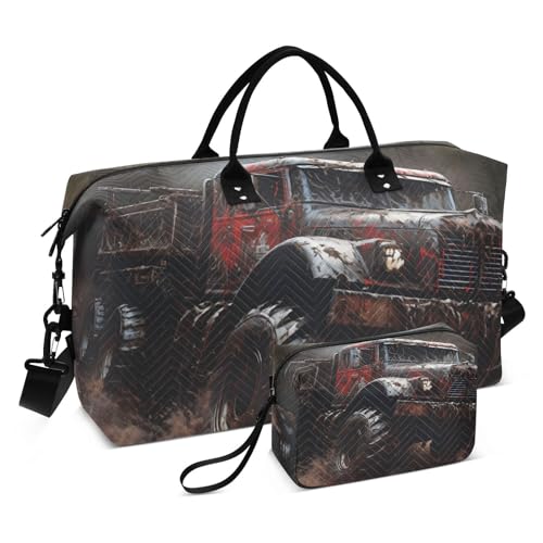 Large Travel Duffel Bag, Big Truck Sports Tote Gym Bag, Shoulder Weekender Overnight Bag for Women Men, Carry On Luggage with Toiletry Bags