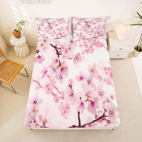 Latwerio Sábana Bajera 105x200 Infantil Naturales 3D Sabanas, Flores de Cerezo de Microfibra Suave y Cómoda Funda de Colchón Sábana con Elástico y Bolsillo Profundo 30 cm, Sabanas Cama 105, T934